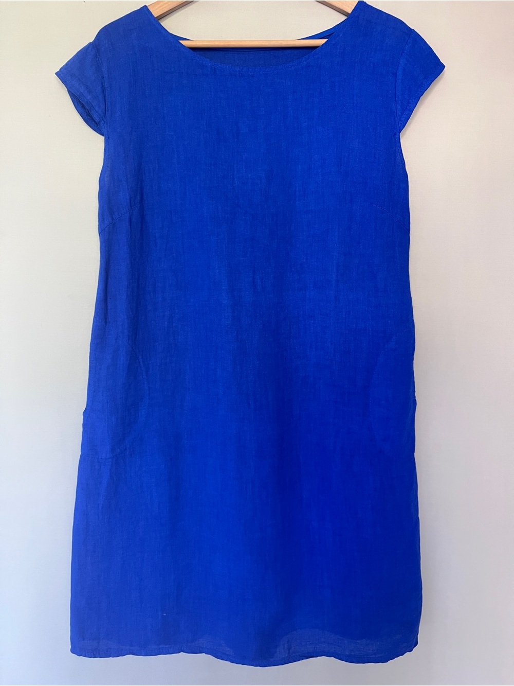 Made in Italy Linen Shift Dress Cobalt Blue Cap Sleeve Stretch Panel & Pockets M